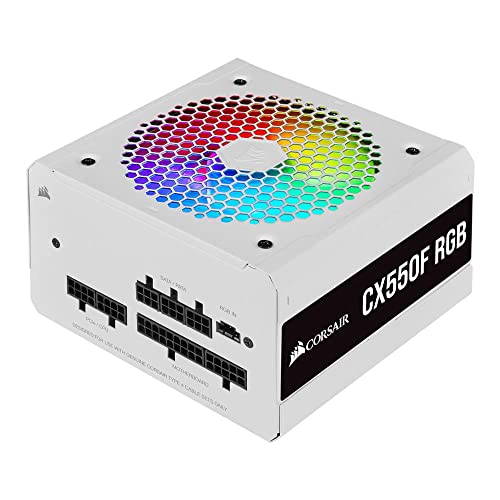 Corsair CX550F RGB, 80 PLUS Bronze Alimentation ATX entièrement modulaire (certifié 80 PLUS Bronze, optimisé pour les condensateurs japonais 105 °C, boîtier compact 140 mm de long) Blanc