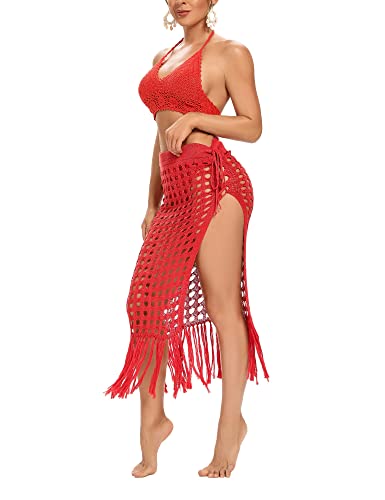 Women Sexy Hollow Out Mesh Tassle Skirts Beach Cover Up Summer Fish Net Swimsuit Wrap Sheer Maxi Sarong Swimwear (Color : Red C, Size : Medium)3