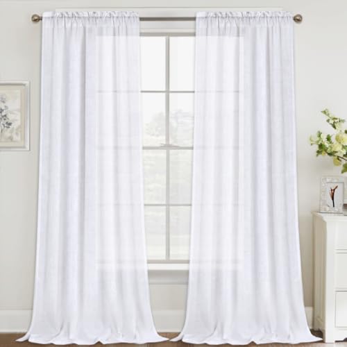 Natural Linen Curtains 108 Inches Extra Long Rod Pocket Semi Sheer Curtain Drapes Elegant Casual Linen Textured Window Draperies, Light Filtering Privacy Added Home Fashion 2 Panels, White