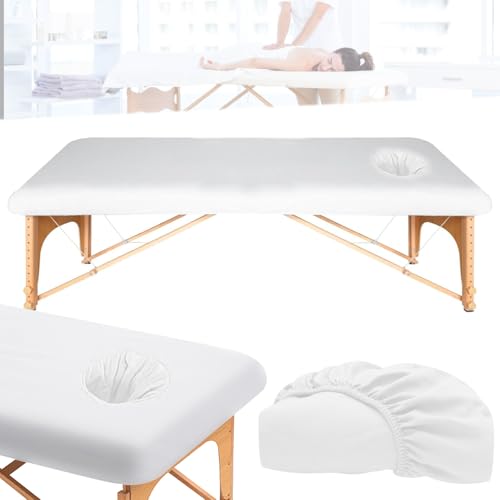 WIYETY Housse pour Table de Massage 190 x 80 cm - Avec Trou, Épaisse, Lavable, Élastique, Anti-Saleté - Pour Tables de Beauté et de Traitement - Blanche