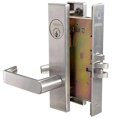 SOPHIA Commercial Heavy Duty Mortise Lockset Door Lever Lock Non-Handed Grade 1 Door Handle - Escutcheon Plate Keyed Lever Lockset, ADA, US32D Satin Chrome Finish for Storeroom Door