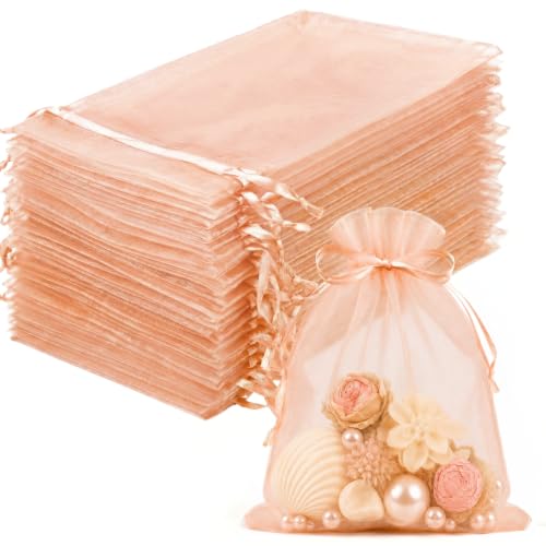 Image of FUNFERY 100PCS Peach Champagne Sheer Organza Bags 3x4 in, Goodie Bags Bulk | Small Mesh Gift Bag with Drawstring for Wedding Party Favor, Drawstring Pouch for Jewelry, Sachet Bags for Treat, Candy, Soap