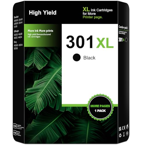 301XL Black Ink Cartridge High Yield 301 XL Remanufactured for HP 301 Black Ink Cartridge for HP DeskJet 2540 2050 1050 3050 1510 Envy 4500 5530 5532 4502 4507 OfficeJet 2620 2622 4630 4632 (1-Pack)