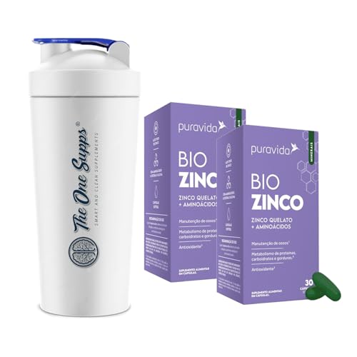 Kit 2x BIO ZINCO - Zinco Quelato + Aminoácidos (30 Cápsulas) - PuraVida + Coqueteleira The One Eco 6