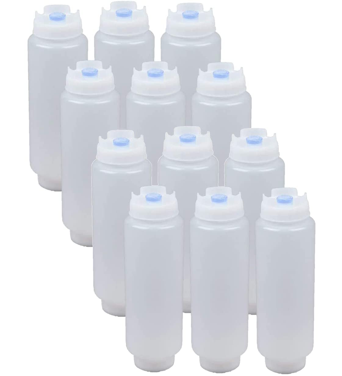 FIFO Squeeze Bottle Refillable 16 oz | Blue Tip Large Valve Dispenser for Thick Condiments, Sauces, Batter and Dressing | Self Sealing No Drip No Hassle | (12 Pack)