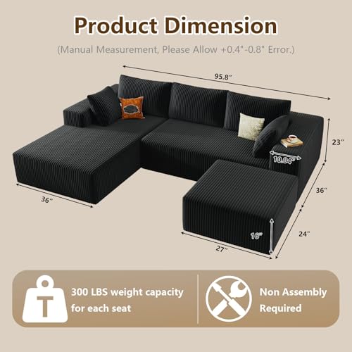 Image of 96 inch U-Shape Cloud Couch, Modern Modular Sectional L-Shape Sofa with Ottoman, Corduroy Upholstered Couches Deep Seat Sleeper Chaise Longue for Living Room, No Assembly Required(Black, Left Facing)