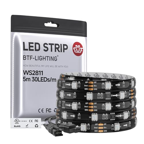 BTF-LIGHTING WS2811 IC=RGB+IC Addressable Color RGB LED Strip,16.4FT 30LED/m 10Pixels/m,IP65 Black PCB,UL Listed,Flexible DC12V Chasing Effect for Indoor Home Decor,3M Tape(No Adapter or Controller) BTF-LIGHTING WS2811 IC=RGB+IC Addressable Color RGB LED Strip,16.4FT 30LED/m 10Pixels/m,IP65 Black PCB,UL Listed,Flexible DC12V Chasing Effect for Indoor Home Decor,3M Tape(No Adapter or Controller)