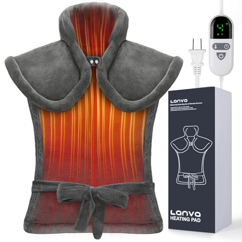 Heating Pad for Neck and Shoulders and Back, LANVA Christmas Gifts for Women Men Mom Dad, Edge Weighted Heat Pad for Pain Relief & Period Cramps, 6 Heat Settings, 4 Timer Options, 24'x33', Gray