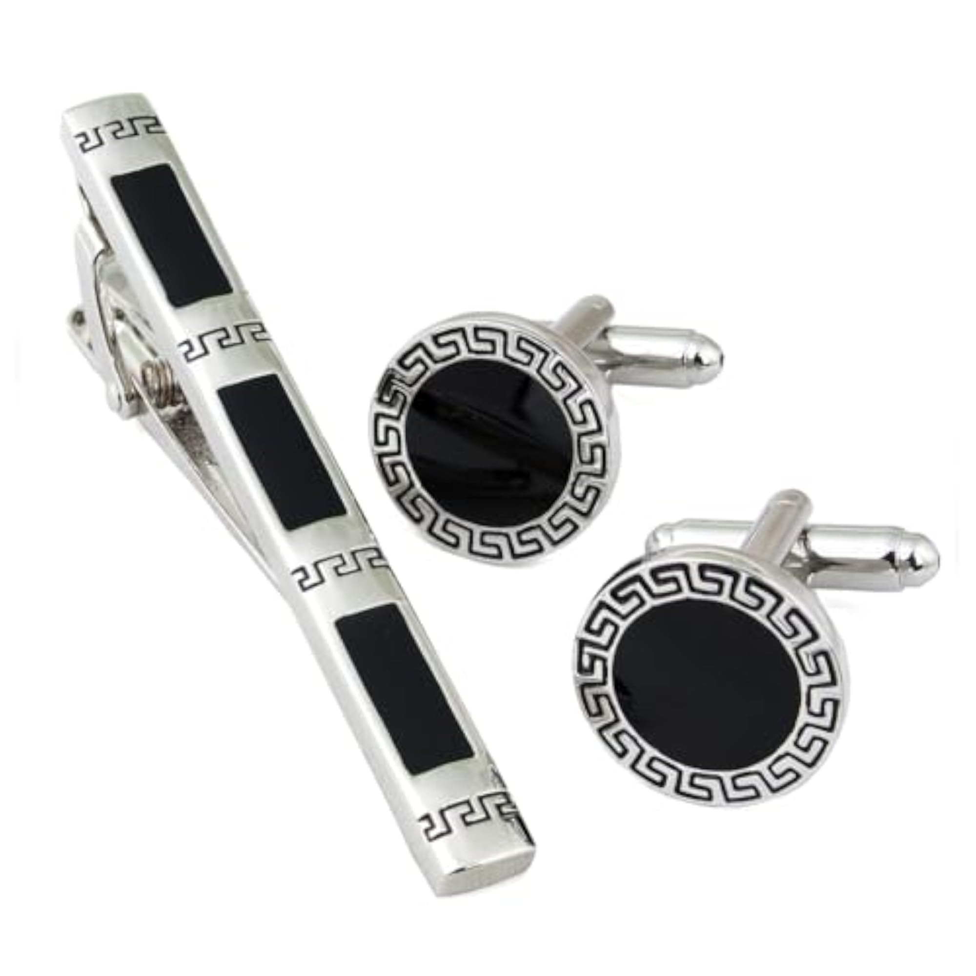 Men's Geek Key Silver Brass and Enamel Cufflink and Tiebar Set