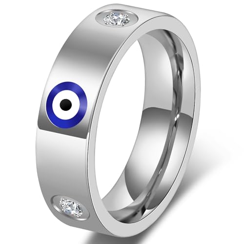 Evil Eye Wedding Band for Women 18K Gold Plated, Cubic Zirconia Anniversary Ring Gift for Wife, Non-Tarnish Stainless Steel Protection Jewelry, Secure Fit Sizes 5-11