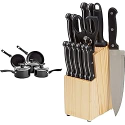 Soporte Para Sartenes Amazon Amazon Basics Juego de Utensilios de Cocina de Inducción Antiadherente 5 Piezas, Aluminio, con Tapas + Juego de cuchillos de cocina y soporte (14 piezas)