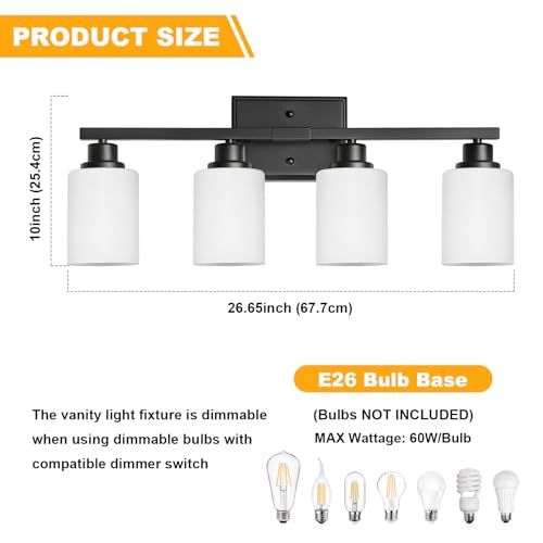 Image of Unicozin 4-Light Bathroom Light Fixtures, Modern Black Vanity Light Over Mirror, Wall Sconces with Milky White Glass Shades for Living Room Bedroom Hallway E26 Base