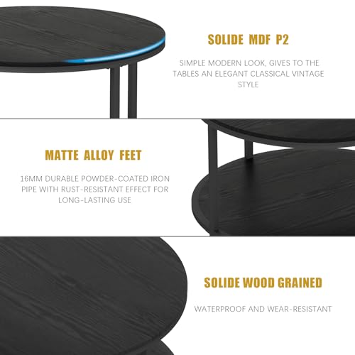 Image of NSdirect Round Coffee Table, 27.6 inch Small Coffee Table for Living Room,2-Tier Rustic Wood Desktop with Storage Shelf Modern Design Home Furniture(Black)