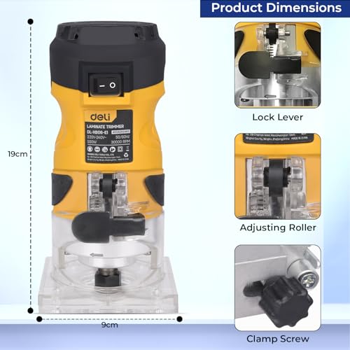 Image of Deli DL-XB06-E1 550W Laminate Trimmer 220-240v ~50hz /60hz Wood-Trimmer Router with 30000 RPM No Load Speed 6mm(1 /4 inch) Changing Chuck Woodworking Hand Tool Cutter for Edge Banding (Pack of 1, Yellow)