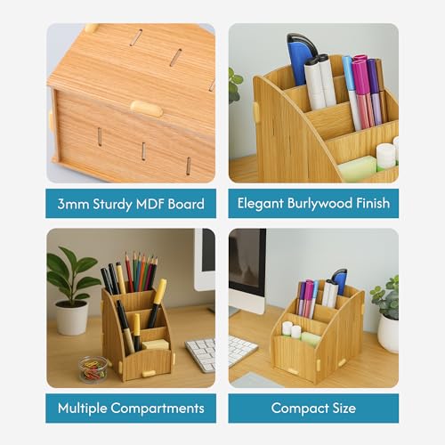 Image of The Better Home 4 Compartment Pen Stand for Office | MDF Wood Rack | Aesthetic Stationery Stand for Office Table Accessories | 11.8x18.7x14.2cm | Burlywood | 1 Pack