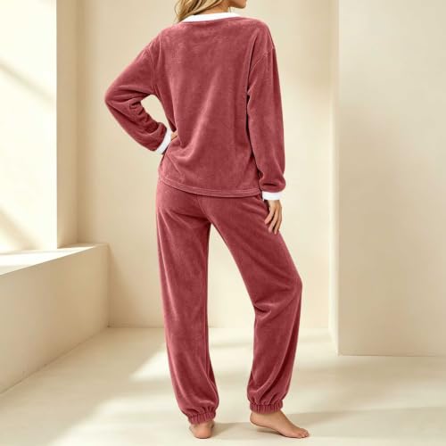 Pijamas De Mujer Manga Larga Flannel Pajamas for Women Set Winter Warm Fleece 2 Piece Lounge Pjs Sets Loungewear Sleepwear Plus Size Lounge Sets for Women Capsule Wardrobe Set Rose Gold S - image 9