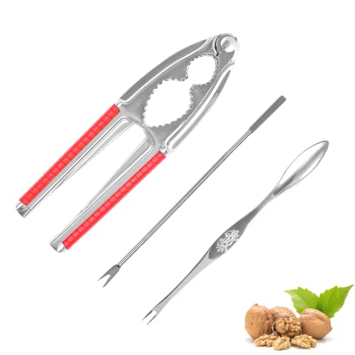Nut Crackers Walnut Cracker Heavy Duty Shell Cracker Seafood Cracker Walnut Opener Tool With With Red Non-Slip Handle, With 2 Pcs Forks/Picks #TOP8