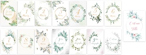 Carte Étape Grossesse Floral Vert – 15 Cartes Milestones Mois par Mois – Souvenirs Photos Haute Qualit...