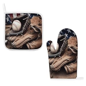 Oven Mitts,Baseball Equipment Printed Kitchen High Heat Oven Mitts and Pot Holders Sets Equipped with A Lanyard for Easy Hanging and Storage for Cooking Baking Grilling
