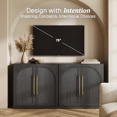 Image of BELLEZE 65 Inch Sideboard Cabinet with Double-Arc Wood Doors, Large Buffet Cabinet with Storage and Adjustable Shelves, Classic Modern Console Table for Dining Room Living Room Entryway (Ebony)