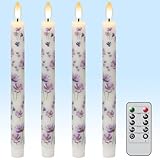 KunSwenn Flameless Taper Candles with Remote, 4 Pcs LED Taper Candles Battery Operated with Purple Flower Decals, Flameless Candlesticks for Spring Wedding Home Decor(0.75” x 9.65”)