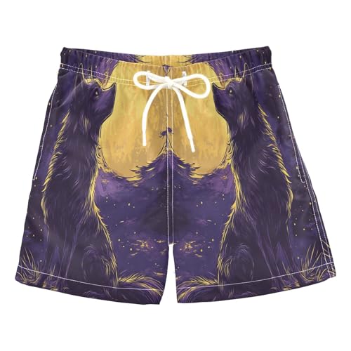 Jucciaco Boys Swim Trunk Quick Dry Beach Board Shorts Wolf Moon Graphic Purple Swimwear for Kids