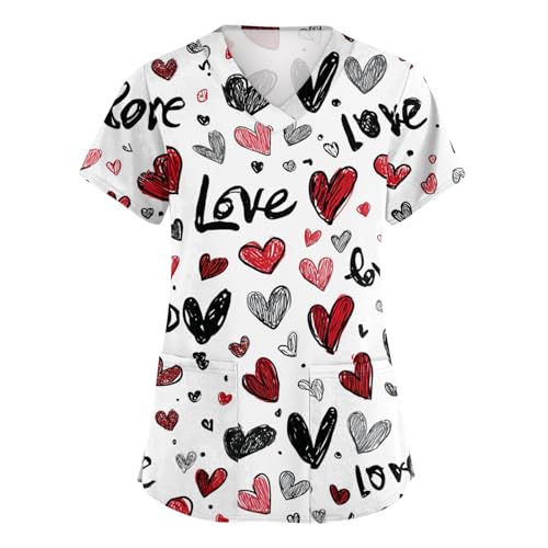 Valentines Scrub Tops Women Print Plus Size Womens Scrubs for Womens Nursing Shirts Nurse Gift uniformes de enfermeras de Mujer with Pockets Deep Red 3XL