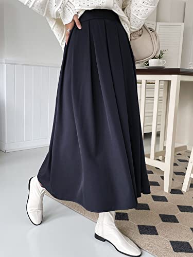 ELDINA Women's Summe Casual Maxi Long Skirt Solid Fold Pleated Skirt (Color : Navy Blue, Size : Small)4