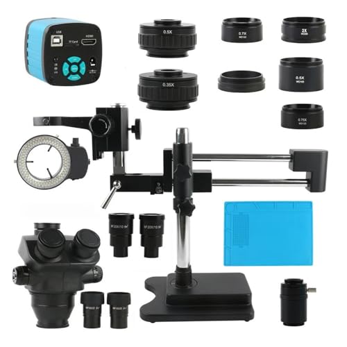顕微鏡キット ダブルブームブラケットアーム 3.5X-200X 100X ズーム工業用 PCB はんだ付けジュエリーサイマル焦点三眼実体顕微鏡 顕微鏡レンズアダプター (Color : 48MP 2K 4K HDMI USB)
