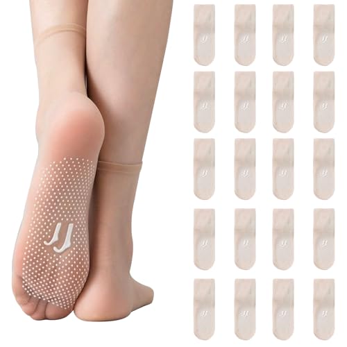 20 Pairs Women Sheer Socks Ankle High Nylon Socks Ultra Thin Summer See Through Silk Lace Sock Nude Short Tight Hosiery with Reinforced Toe Non Slip
