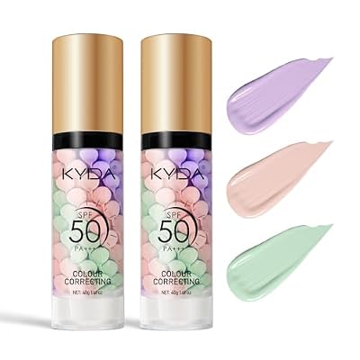 KYDA 2PCS 3 In 1 Color Correcting Primer,SPF Makeup 50 PA+++,Color Correcting Serum, Moisturizing Makeup Sunscreen Primer Face, One Step Makeup Primer, Oil Control Skin Corrector,Purple Pink Green