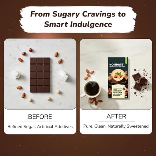 Image of NoirDate Roasted Almond Dark Chocolate - 15g, Bean to Bar, Sweetened with Dates, Refined Sugar Free, Clean Label, Healthy & Guilt-Free, Vegan, Rich in Antioxidant (Pack of 6)