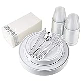 200 Piece Disposable Dinnerware Set Heavy Duty Plastic Plates, Cups, Cutlery & Napkins: 25 Dinner Plates, 25 Dessert Plates, 25 Cups, 50 Forks, 25 Spoons, 25 Knives & 25 Guest Towels (Silver Rim)