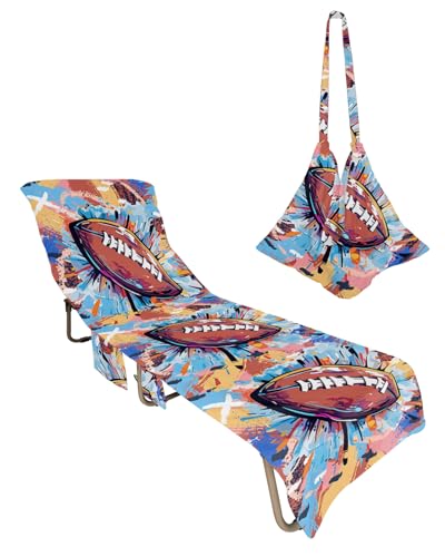 Football Beach Lounge Chair Towel Cover, Soft Chaise Lounge Towel with Side Pockets Patio Pool Chairs Cover for Beach/Pool Sunbathing 29x85 Yellow Blue Pink Watercolor Abstract Art Sports