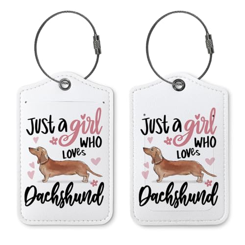 ZFQ Dog Luggage Tags for Suitcases,Dachshund 2 Pack Baggage Tag Label with Steel Loop,Handbag School Bag Backpack Traveling Accessories,Dog Lover Gifts,Just A Girl Who Loves Dachshund
