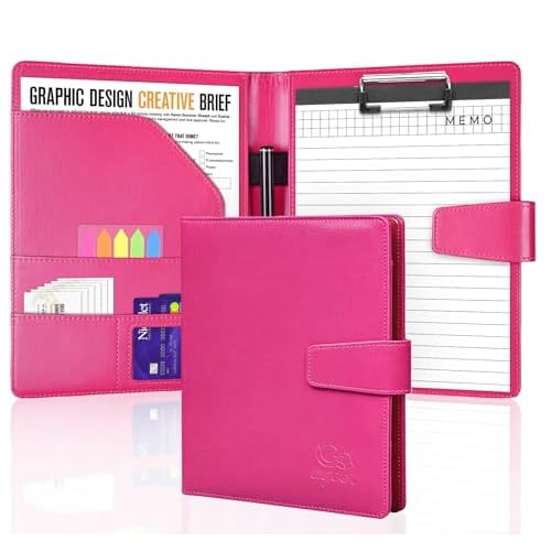 A5 Clipboard Folder Padfolio Portfolio,Leather Storage Clipboard for Cover for Legal Pad,Magnetic Padfolio with Papers,Sticky Tabs,Pen for Interviews,Resumes,and Conference Documents,Rose Re