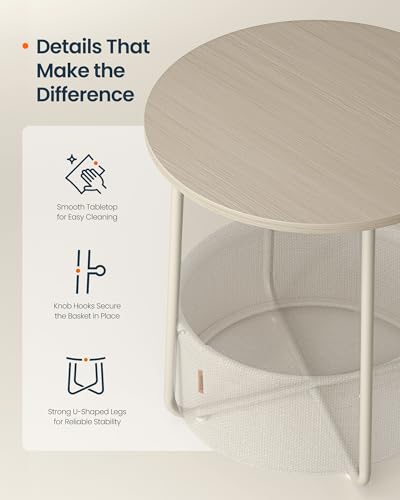 SONGMICS Home Small Side Table, Round End Table, 2 Tier Nightstand with Basket, U Shaped Steel Legs, Easy Assembly, for Living Room, Bedroom, Beige and White - Thumbnail 5