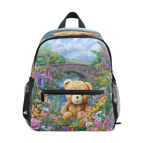 Sinestour Bear Flowers Pink Toddler Backpack Kindergarten Preschool Backpack for Toddler Boys Girls School Backpack