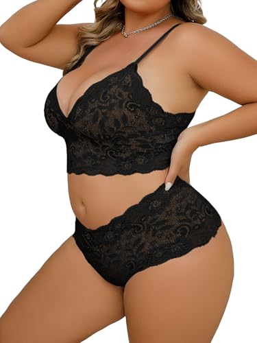 Image of Lilosy Sexy Women Floral Lace Pajamas Lingerie Set High Waist See Through Sleepwear Sheer Nightwear Cami Shorts Bra and Panty 2 Piece Plus Black 4X-Large