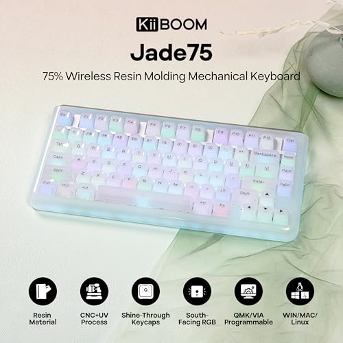 Image of KiiBoom Jade75 75% Resin Molding Mechanical Keyboard, BT5.0 /USB-C /2.4GHz Wireless Gaming Keyboard, QMK&VIA Programmable, RGB Backlits, Hot-Swappable, CNC+UV Case for Windows /Mac /Linux (Clear)