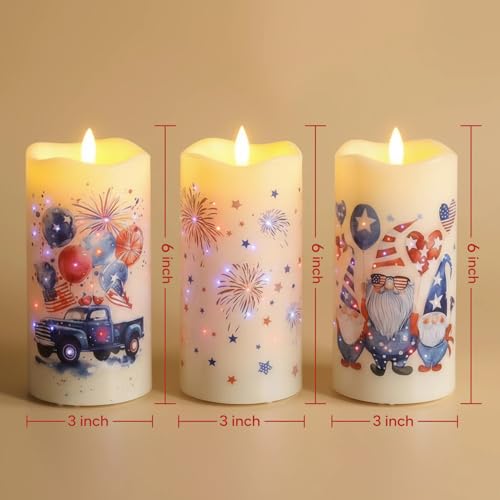 Image of Eywamage Patriotic 4th of July LED Candles, Flickering Fiber Optic Flameless Candles with Remote Set of 3