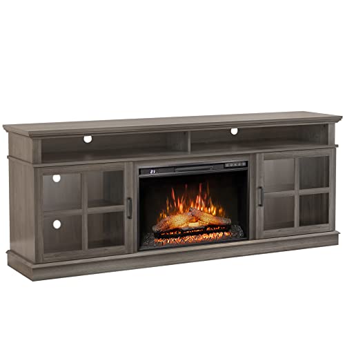 Oxhark Flame 72" Fireplace Tv Stand For Tvs Up To 80", Entertainment Center With 26" Electric Fireplace, 6 Levels Brightness Control With Remote, Modern Farmhouse Cabinet Console Glass Door, Grey #TOP2