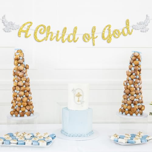 NARLOPI A Child of God Banner, God Bless/First Holy Communion, 1st Birthday, Christening Baptism Baby Shower Party Decorations Supplies, Gold Glitter by NARLOPI - Image 5