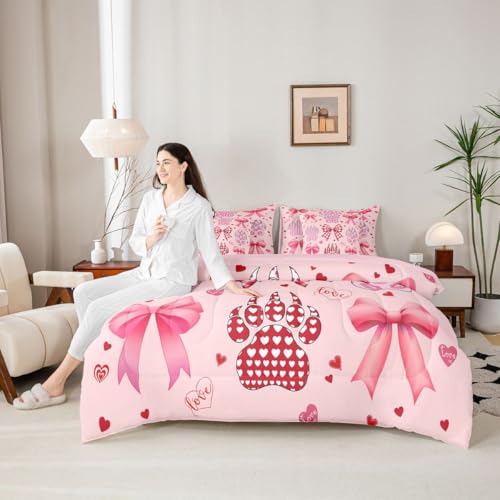 Image of Pink Bowknot King Bedding Sets 7 Pieces Girly Bow Love Romantic Style Comforter Set Heart Leopard Print Paw Prints Bedroom Decor Comforter,Flat Sheet,Fitted Sheet,2 Pillowcases,2 Pillow Covers