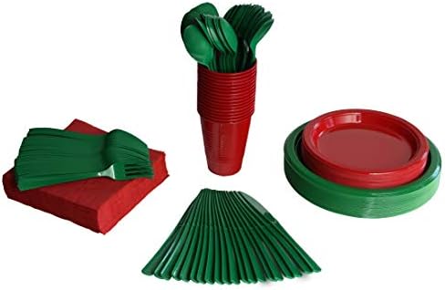 Exquisite 350 Piece Combo Christmas Themed Green & Red Disposable Party Plastic Plates and Cutlery Set Includes 50 Dinner Plates 50 Dessert Plates 50 Cups 50 Napkins 50 Forks 50 Spoons & 50 Knives