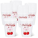 FYSUIMU 24 Pack Cherry Bow Plastic Cups She's the Cherry on Top Disposable Party Cup 16oz Red Fruit Drinking Cup for Birthday Wedding Bridal Shower Baby Shower Bachelorette