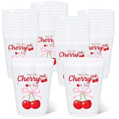 FYSUIMU 24 Pack Cherry Bow Plastic Cups She's the Cherry on Top Disposable Party Cup 16oz Red Fruit Drinking Cup for Birthday Wedding Bridal Shower Baby Shower Bachelorette