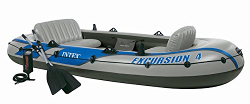 Image of Exursion 4, 4 Person Inflatable Boat for Flood Rescue, Adventure, Rafting, Fishing, for Fun and Enjoyment in River with Friends and Family, Included Oars & Air Pump (68324)