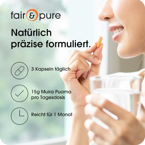 Fair & Pure Muira Puama 500mg, 90 Kapseln, schluckfreundlich, 10:1 Extrakt, Nahrungsergänzungsmittel vegan ohne Magnesiumstearat, in Deutschland hergestellt