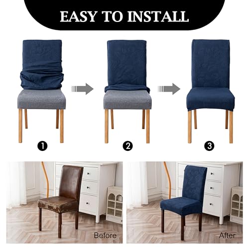 Image of Genina Waterproof Dining Chair Cover Set of 4,Kitchen Chair Cover,Navy Blue | Stretch Dining Room Chair Slipcovers with Leaf Jacquard,Removable Kitchen Chair Protector for Home,Restaurant,Banquet
